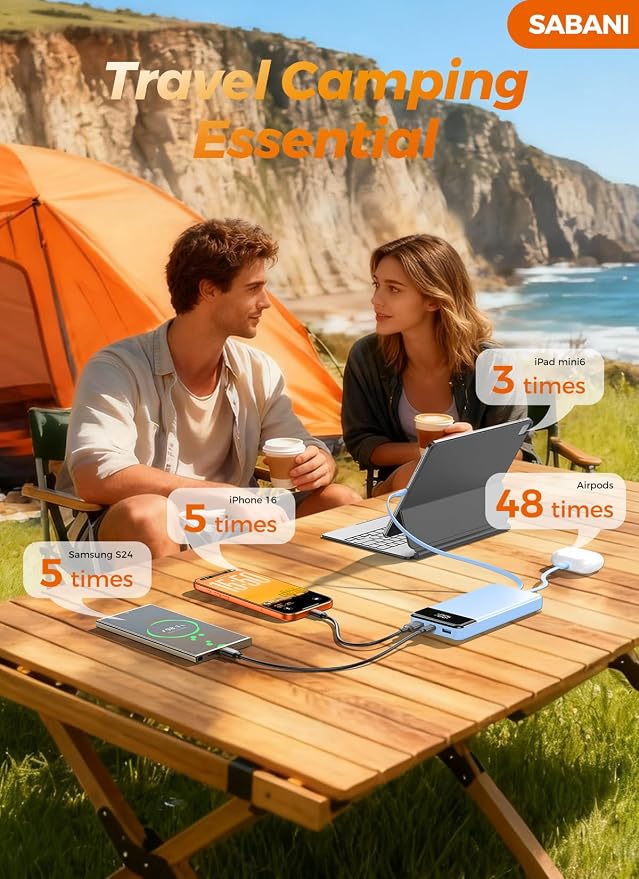 SABANI Portable Charger 35000mAh Power Bank, 4 Built in Cable Big Capacity | Ultra Slim, 22.5W Fast Charge, Travel Camping Essential, USB C External Battery Pack for iPhone Samsung Android, Azure - Image 6