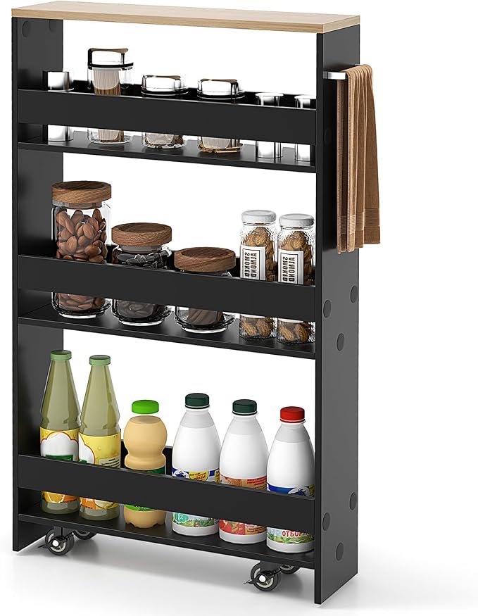 COSTWAY Slim Rolling Storage Cart, 4-Tier Rolling Utility Cart, Wood Kitchen Storage Cart with Handle & Wheels, Narrow Rolling Shelving Unit for Kitchen Bathroom Laundry Small Places (Dark) by COSTWAY