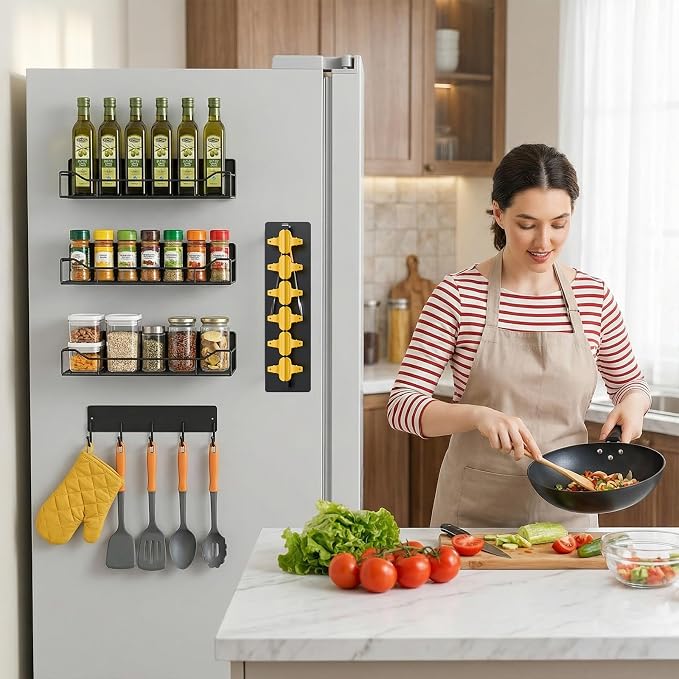 Magnetic Spice Rack for Refrigerator, 5 Pack Magnetic Fridge Organizer Shelves, Strong Magnetic Hold, No Drilling, Space Saving Storage Rack for Kitchen Spice Jars, Pantry & Refrigerator (Black) - Image 8
