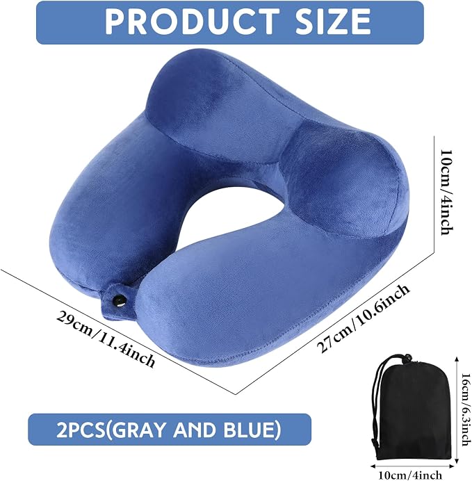 Sintuff 2 Pcs Inflatable Travel Pillow with Compact Bag and Blindfold Velvet Inflatable Neck Airplane Pillow Washable Cushion for Airplanes Flight Car Long Traveling Kids Adults Grey Blue - Image 2
