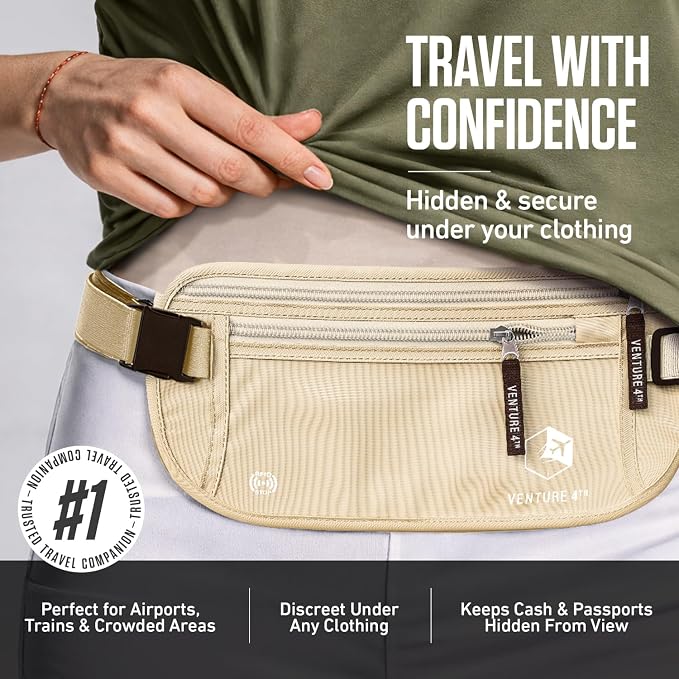 VENTURE 4TH Travel Money Belt, RFID Blocking Passport Holder - Beige - Image 4