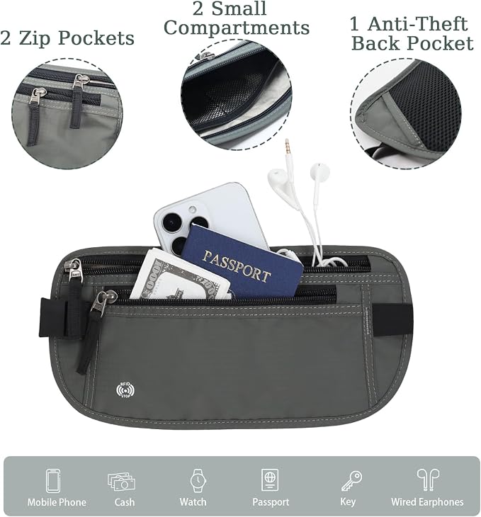 FuninCrea Waterproof Hidden Money Belt for Travel, Anti-Theft Belt Bag with RFID Blocking Function Adjustable Slim Waist Bag with 2 Zipper Pockets & 1 Back Pocket for Travel Running (B, Deep Grey) - Image 3