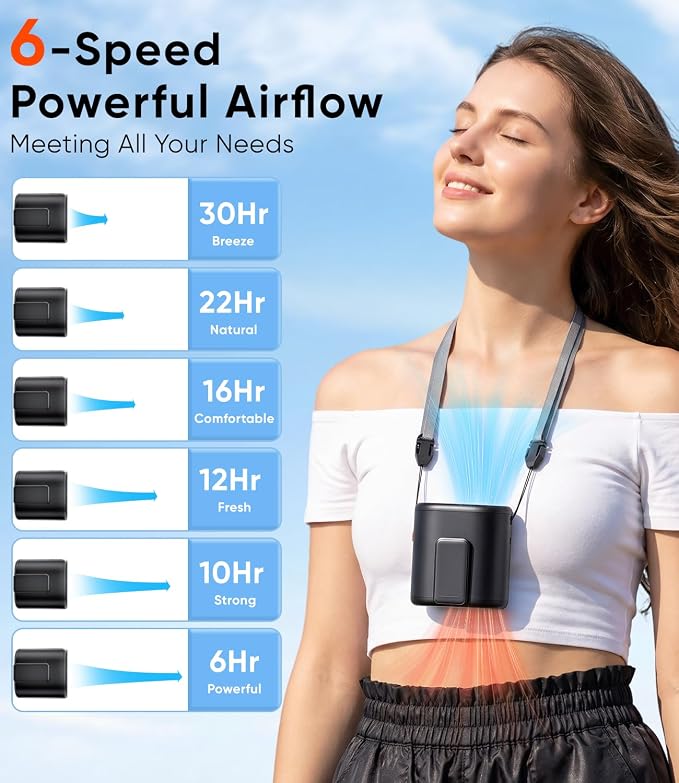 AI Portable Waist Fan, 6-Speed 15,000RPM Strong Turbo Airflow, 30H Cooling Battery Powered Personal Fan Rechargeable, Wearable Hands-Free Shirt/Belt/Body Fan for Travel, Work, Outdoor, Gift for Men - Image 3