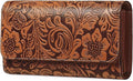 GOIACII Leather Wallets for Women RFID Blocking Western Clutch Brown | Embossed Design, Trifold, Large Billfolds, Vintage Flower, Ladies Purses with Zipper Coin Pocket by GOIACII