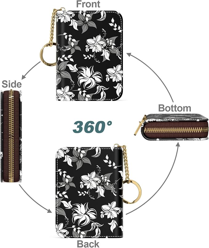 Nipichsha Women's Slim Leather RFID Wallet, Black Flower, Compact Size, 12-Slot with Zipper and Keychain | Leather Card Holder Wallet, Credit Card Wallet Organizer, Business Card Case with Zipper & Keychain, 12-Slot Compartment - Image 2