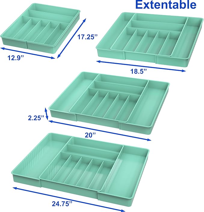 Simple Houseware Expandable Kitchen Drawer Flatware Organizer, Turquoise | Expandable & Adjustable Cutlery Drawer Organizer - Large Utensil and Flatware Tray for Kitchen Drawers - Image 2