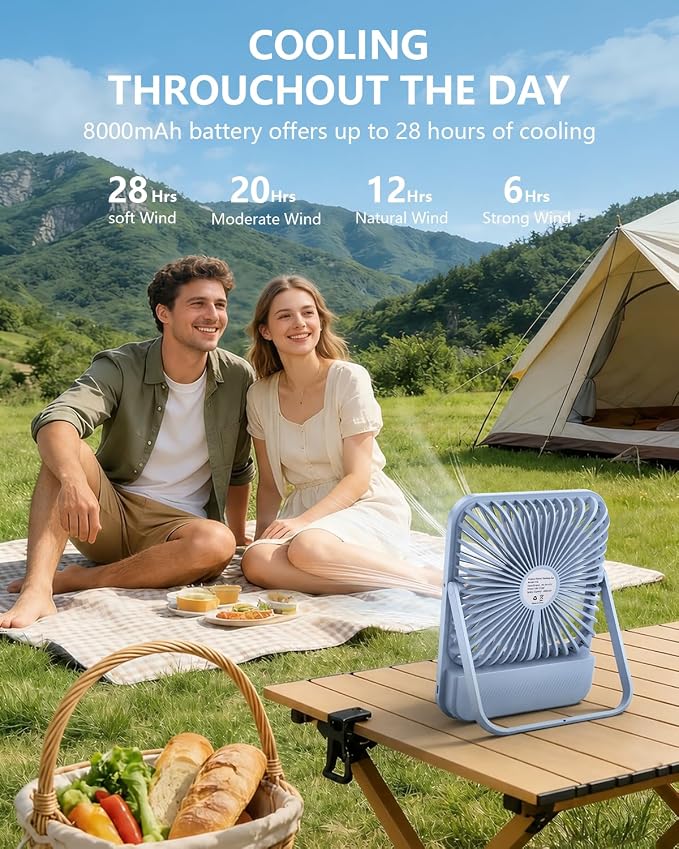 8000mAh Ultra-Thin Portable Travel Fan with Timer, Light&LED Display | 7in,28H Max Cooling Time,<42dB quiet for sleeping,cruise approved,4 Speeds Wind,Rechargeable Battery Fan for hotel office - Image 7