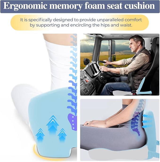 Memory Foam Seat Cushion for Sciatica & Back Pain Relief - Ergonomic Chair Pad with Adjustable Strap & Supportive Comfort Cover, Non-Slip for Car, Truck, Office Chair - Blue - Image 3