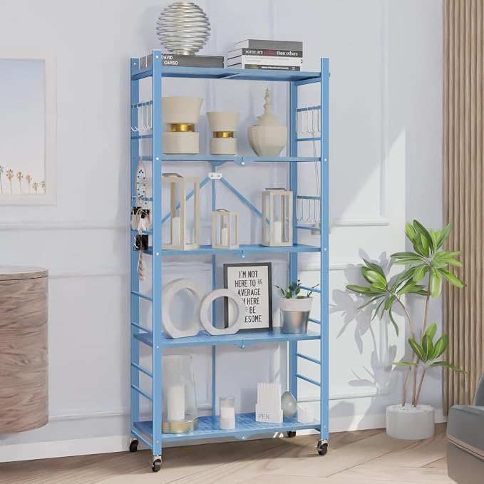 Himix 5-Tier Foldable Storage Shelves with 20 Hooks Wheels Garage Blue | Folding Standing Shelving, Metal collapsible organization, Wire shelf, No assembly, Home, Kitchen, Greenhouse, Holds 440 Ibs - Image 2