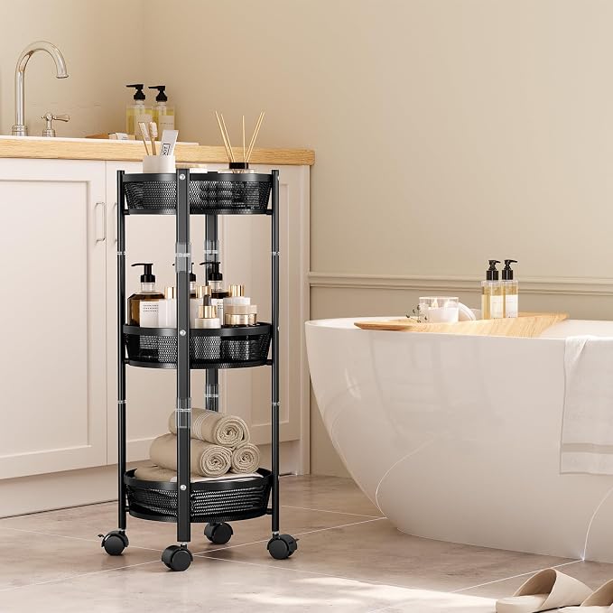 TOOLF 3 Tier Foldable Rolling Cart, Metal Utility Storage Cart, Black | Assembly-Free, Lockable Wheels, Round Trolley Organizer for Bathroom, Kitchen, Office, Dorm, Laundry, Craft Room - Image 6