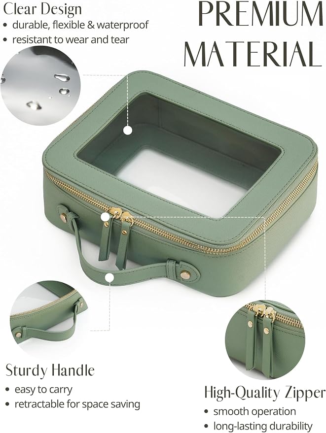 Clear Toiletry Bag 2 Pack, Travel Makeup Bag Medium and Large Green | Structured Clear Cosmetic Case with Zipper, Car Essential Organizer Bag for Women, Waterproof PU Leather, Wide Open Portable - Image 4