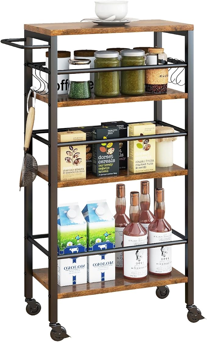 IBUYKE Slim Rolling Storage Cart, Kitchen Cart Utility Shelving UTMJ065H | 4-Tier, with Lockable Wheels,Handle&6 Hooks, 7.9" wide,for Kitchen, Laundry, Bathroom, Rustic Brown by IBUYKE