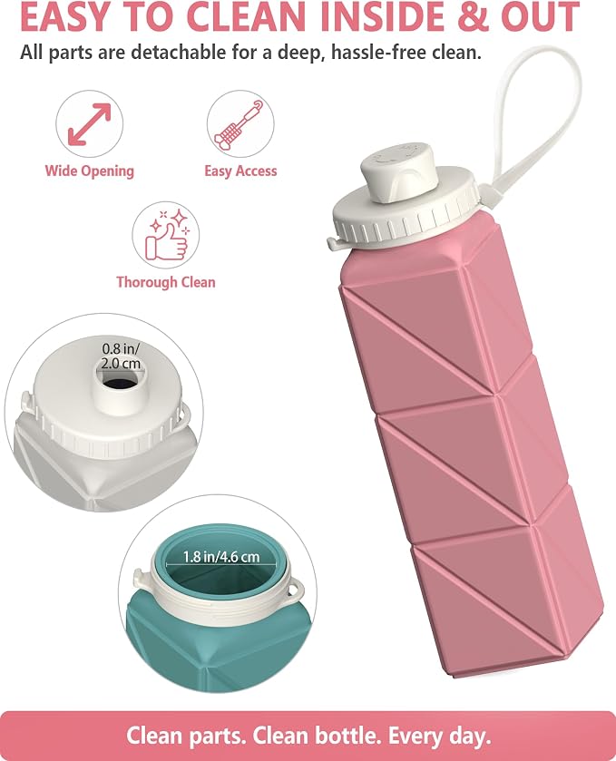 BEAUTAIL Collapsible Water Bottles 21oz/610mL, Silicone Travel Water Bottle | BPA Free, Leakproof & Reusable, Foldable Water Bottle for Traveling, Hiking, Gym, School, Sports, Outdoor, 1-Pack, Pink - Image 5