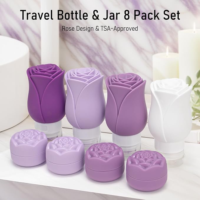 3 OZ Travel Bottles Leakproof for Travel TSA Approved & Refillable Mini Cream Containers Set 8 Pack – Silicone Squeeze Tube Rose Bottle for Shampoo Lotion Body Wash BPA Free with Bag, Purple - Image 7