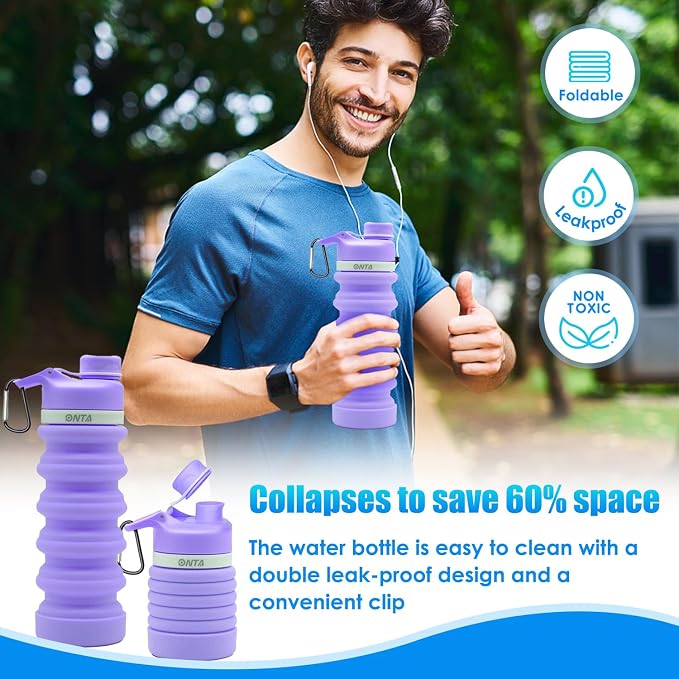ONTA Collapsible BPA Free Silicone Water Bottle, 20oz - Portable, Leakproof, Easy Clean, Shatter Resistant, Travel Friendly - Image 2