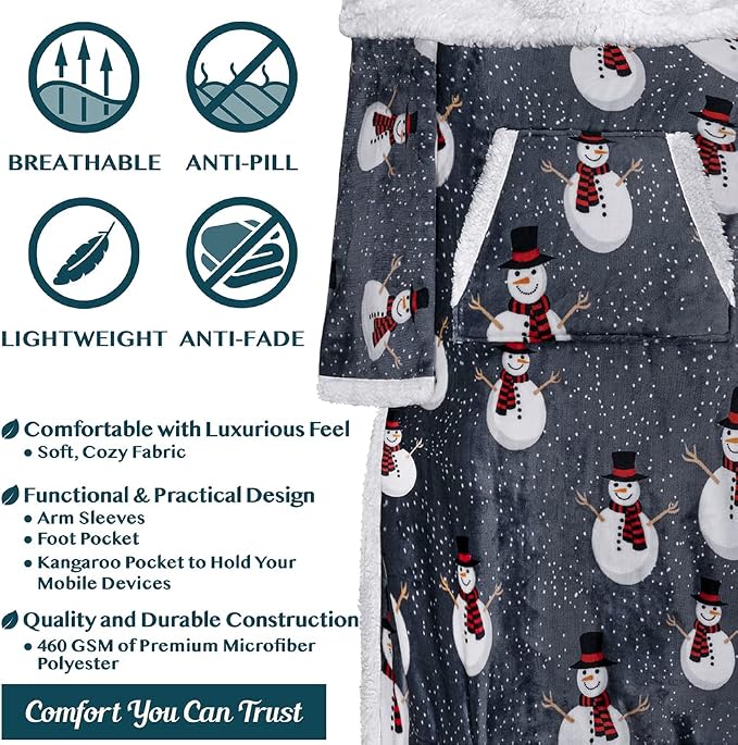 PAVILIA Sherpa Blanket with Sleeves, Foot Pocket for Women Men Adults, Thick Wearable Blanket Throw Wrap, Fleece Warm Snuggle Blanket Robe, Cozy Gift Ideas Wife Mom, Snowman Gray - Image 4