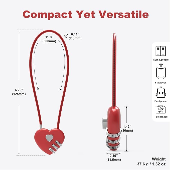 Small Combination Lock, Cable Locks with Combination, Cute Padlock with Code, Long Combo Cable Padlock for Luggage, Suitcase, Cabinet, Pool Gate, French Fridge Door, Motorcycle Helmet - Image 3