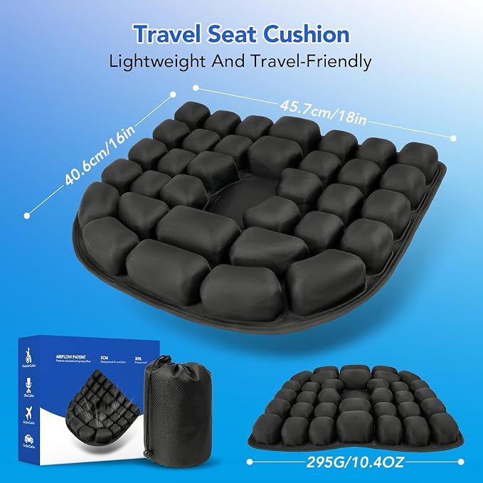 34 Air Cell Self-Inflating Seat Cushion, 3D Air Bubble Design for Tailbone Pain & Hemorrhoid Relief, Pressure Relief Cushion for Office Chair, Car, Wheelchair, Airplane Travel, Home (No Pump Needed) - Image 3