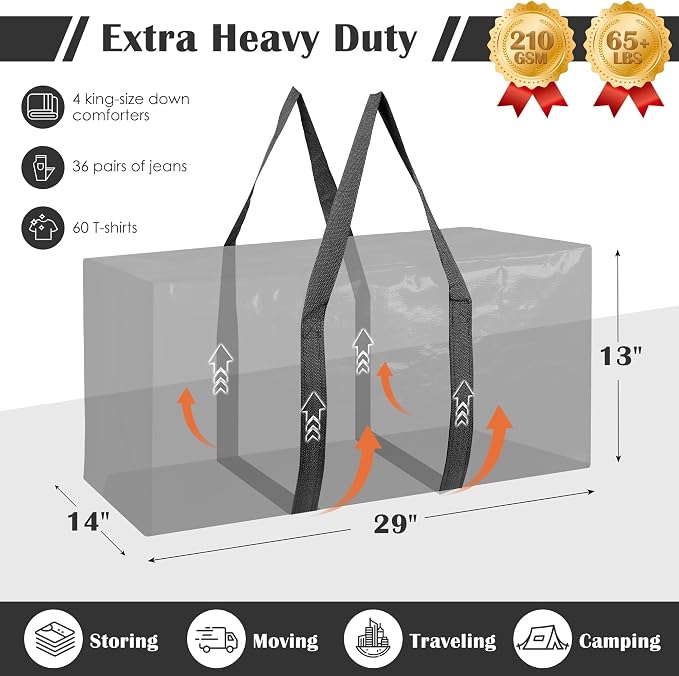 6 Pack Moving Bags with Full-Open Side Zipper, Extra Large 93L Heavy Duty Waterproof Foldable Storage Totes for College Dorm, Moving & Home Organization Black - Image 2