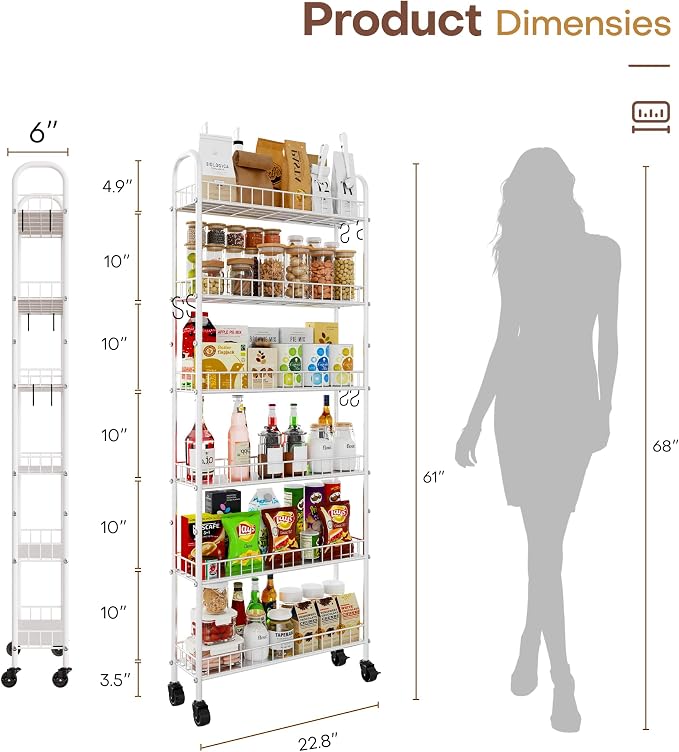6 Tier Slim Rolling Storage Cart with Wheels, Metal Mobile Shelving Unit Organizer Utility Cart for Office Bathroom Kitchen Laundry Room Narrow Places (White 6 Inches) - Image 7