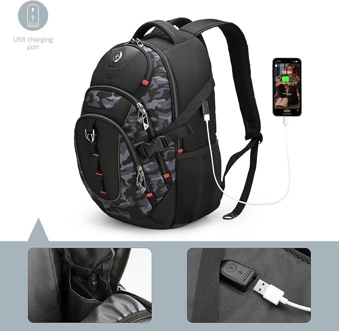 Swissdigital Design Laptop Backpack with USB Charging Port, Travel Backpack Fits 15.6 inches Computer, 31L College School Backpack for Men, Gray Camo | SD803-91 - Image 2