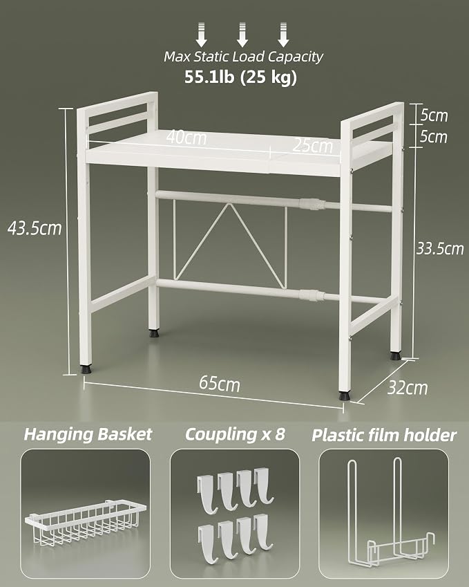 2 Tier Expandable Microwave Stand countertop,Microwave Oven Rack | microwave shelf, storage shelf for pans &appliances,with Paper Towel Holder and Baskets，8 Hooks,55lbs max load,White - Image 3