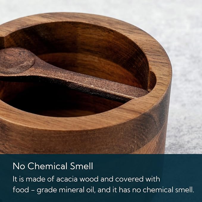 KITCHENDAO Acacia Salt Cellar Box Bowl with Built-in Spoon and Marble Lid, Solid Natural Acacia Wood Bath Sea Salt Container, Elegant Modern Grey and White Marble Lid Spice Bowl, 6oz Capacity - Image 5
