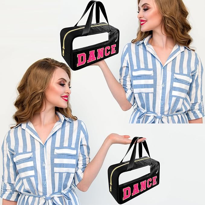 Bunliuys Chenille Letter Clear Makeup Bag Dance Patch, Travel Toiletry Makeup Bag with Handle, Nylon Waterproof Makeup Bags clear cosmetic bag, preppy patch makeup bag for Women (DANCE-Black) - Image 6