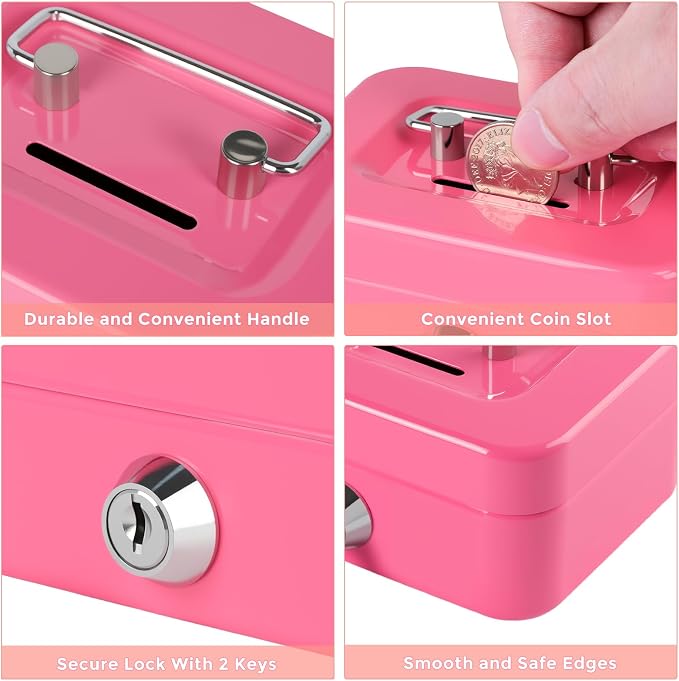 Cash Box with Lock Small Cute Coin Lock Box with Money Slot Mini Portable Gamblers Safe Box 4.5"x3.4"x2.4" Pink - Image 5