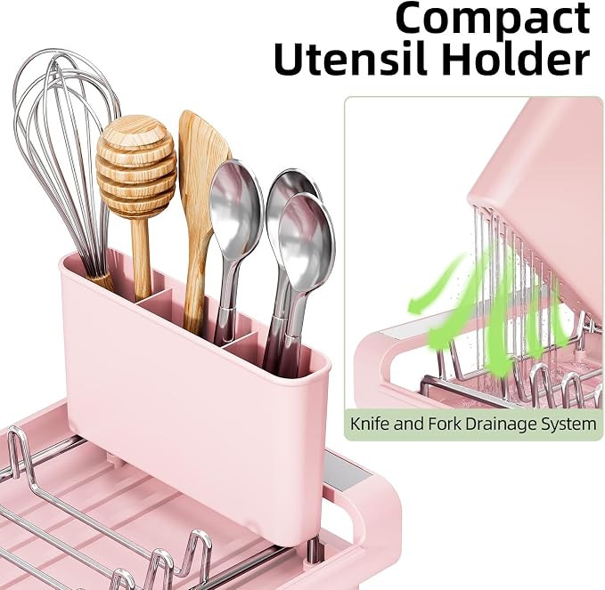 TOOLF Small Dish Drying Rack, Expandable and Space-Saving, Pink | Mini Dish racks for kitchen counter, Compact Design Fits Sink or Counter, Stainless Steel Plate Rack, 11"-19.3"L×7.7"W×3.54"H - Image 4