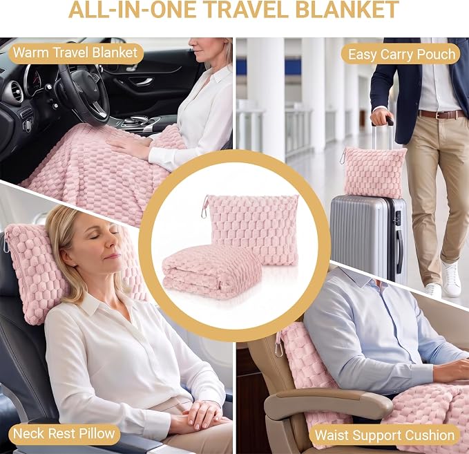Travel Blanket with Bag, Soft Fleece Portable Airplane Blanket, Pink | Soft fleece travel blanket 50x60in grey. 5-in-1: pillow, lumbar support, shawl, hand warmer. Washable, luggage sleeve, clip. - Image 4