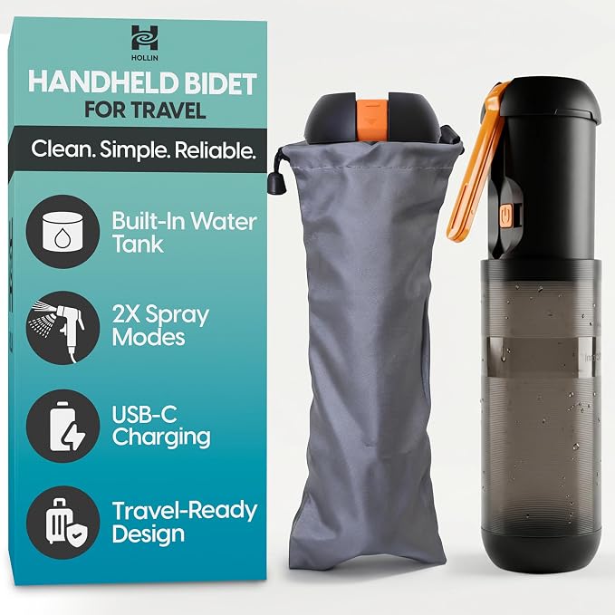 Portable Travel Bidet - Rechargeable Electric Handheld Bidet Sprayer with USB-C Charging & LED Indicator - Waterproof Bidet Bottle for Travel, Camping & Bathroom Use by Hollin