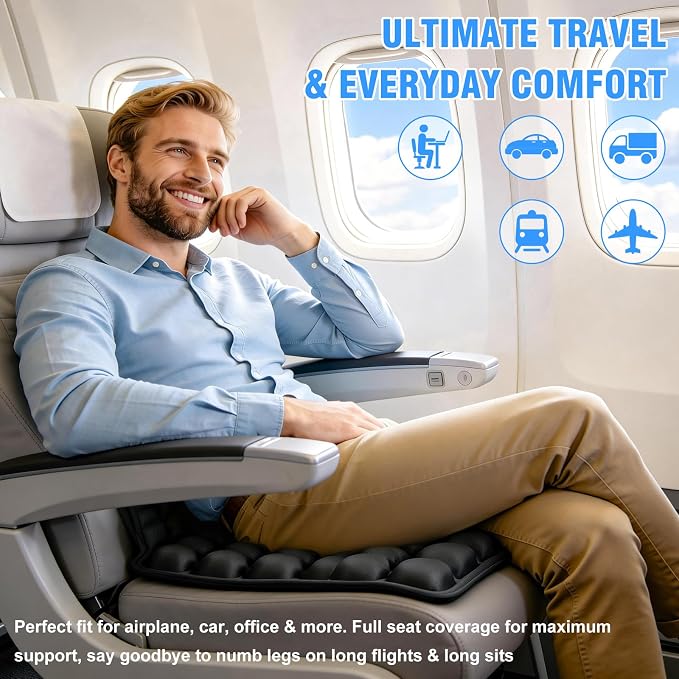 Upgrade Travel Cushion Airplane Seat, 3D Inflatable Seat Cushion, Adjustable Air Cushion with Non-Skid, Coccyx Tailbone Pain Relief Chair Pad for Office, Car, Wheelchair - Image 2