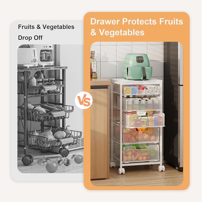 Kitchen Storage Cart with Wheels, 5-Tier Fruit Vegetable Storage Cart, Kitchen Organizer and Storage Cart with Drawers, Wooden Top Metal Wire Pantry Storage Cart for Fruit Snack Onion Potato, White - Image 7