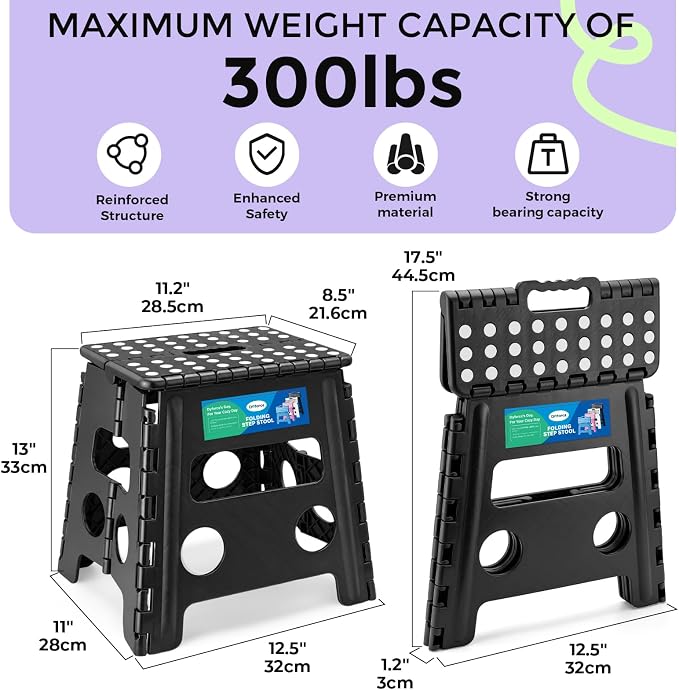 Dyforce Folding Step Stool 13 Inch,300lbs Foldable Stool for Adults & Kids | Stepping Stool Black,Non-Slip Plastic Compact Foot Stool with Carry Handle,Lightweight for Bathroom Kitchen Bedroom Garden - Image 2
