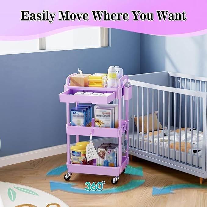 SUNALLY 3 Tier Rolling Cart with Drawer,Craft Storage Cart Organizer,Purple | Bathroom Storage Organizer with 2 Lockable Wheels, Rolling Utility Cart for Kitchen, Office, Baby, Makeup, Nail,Snack,Laundry - Image 6