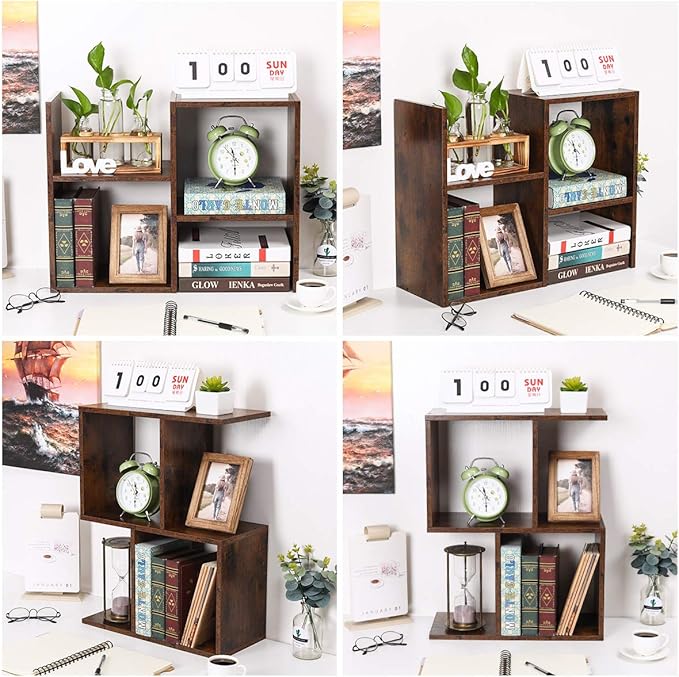 Desktop Shelf Freestanding Wooden Small Bookshelf Desk Supplies Organizers and Accessories Storage Display Rack Office Dorm Decor for Women, Antique Brown - Image 6