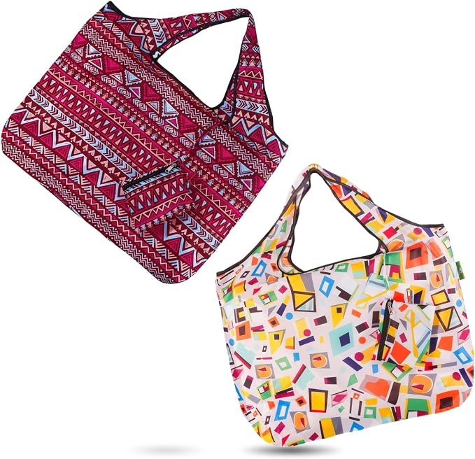 ECO CHIC Foldable Reusable Large Recycled Grocery Bags Lightweight Shopping Tote Bags with Storage Pouch - Collection of 4 bags by ECOCHIC