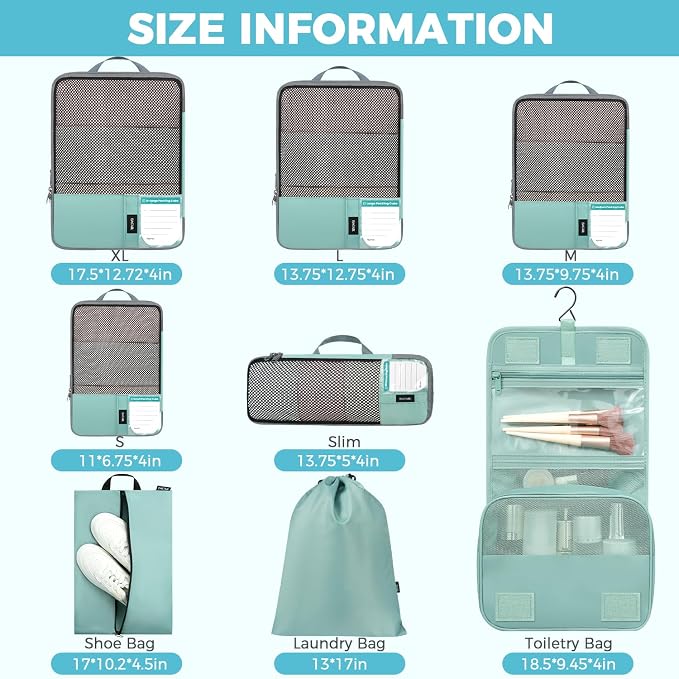 BAGAIL 4 Set/6 Set/8 Set Compression Packing Cubes Travel Accessories Expandable Packing Organizers(HalfMesh,8-DustyBlue) - Image 2