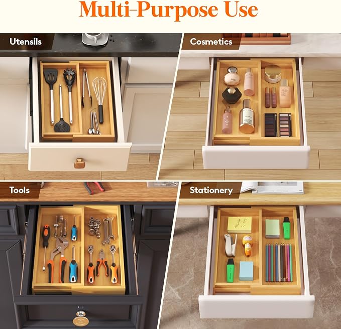Lifewit Bamboo Utensil Organizer for Kitchen Drawer, Cooking Utensil Tray | Expandable Cutlery Silverware Flatware Holder, Wood Adjustable Spatula Tools Storage Divider, 7-12 x 15.75", Natural - Image 9