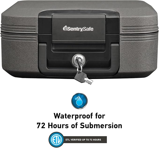 SentrySafe Dark Gray Fireproof and Waterproof Safe with Key Lock, Chest Lock Box with Carrying Handle for Travel, 0.28 Cubic Feet, 6.6 x 15.4 x 14.3 Inches, CFW20201 | Portable Fire Water Resistant Chest Safe With Key Lock Security, Carrying Handle, Id... - Image 3