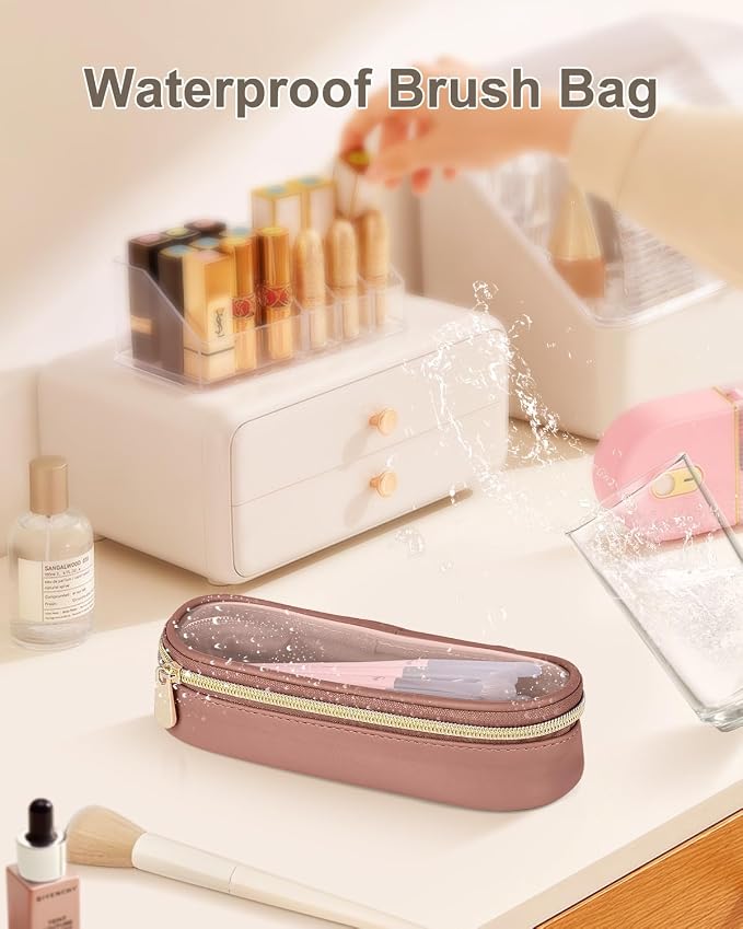 Soimeat Clear Travel Makeup Brush Holder, Leather Makeup Brush Toiletry Bag, Portable Cosmetic Brush Case, Transparent Waterproof Makeup Brush Storage Bag, Brown - Image 7