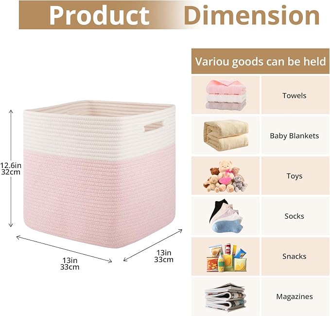 OIAHOMY 13 Inch Cube Storage Bins, 3-Pack Cotton Rope Woven Baskets for Organizing, Insert Storage Baskets for Shelves, Baby Nursery, Closet Organizer, 13 * 13 * 12.6IN, Pink & White - Image 2