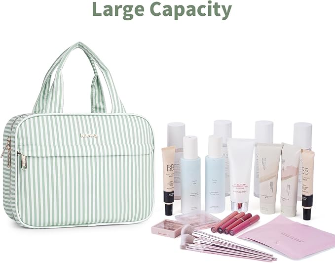 Narwey Striped Hanging Toiletry Bag for Women Travel Makeup Bag Organizer Cosmetic Make Up Toiletries Bag for Travel Essentials Accessories (Mint Green Stripe, Medium) - Image 6