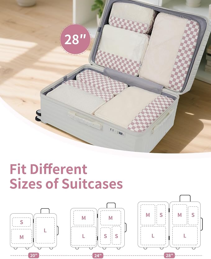 Narwey 7 Set Checkered Packing Cubes for Travel Carry on Suitcase Luggage Organizer Bags for Kids Women Men, Durable Packing Organizers Bag, Travel Essentials Accessories (Dusty Pink Checkerboard) - Image 2