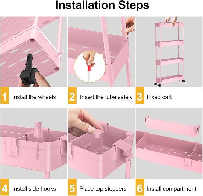 Slim Storage Cart 4 Tier,Bathroom Organizer Rolling Utility,Mobile Shelving Unit Slide Out for Office, Kitchen, Laundry Room & Narrow Places,Pink - Image 2