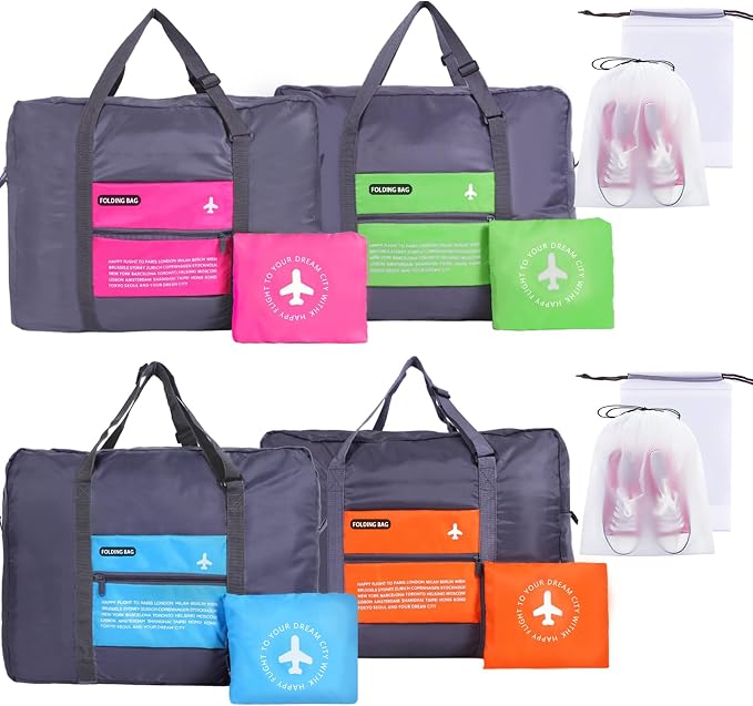 INVODA 4PCS Foldable Duffle Bags - Lightweight Luggage for Airlines, Weekender, Carry On, Overnight - With Waterproof Drawstring Bags by INVODA