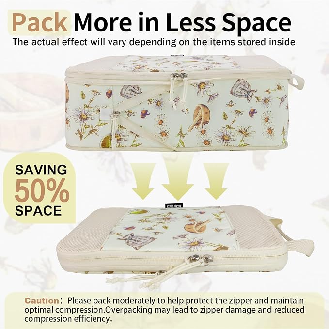 Compression Packing Cubes for Travel Essential, 4 Set Compression Bags for Travel Packing Organizer, Expandable Compression Cubes for Travel, Standard, Herbal - Image 3