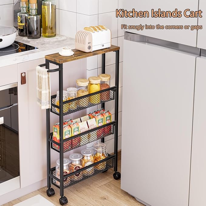 Slim Rolling Cart 4 Tier Narrow Storage Cart on Wheels with Handle | Lockable Wheels, Wood Top Panel, Metal Frame Utility Carts for Kitchen, Dining, Living, Home Office, Laundry Room - Image 2