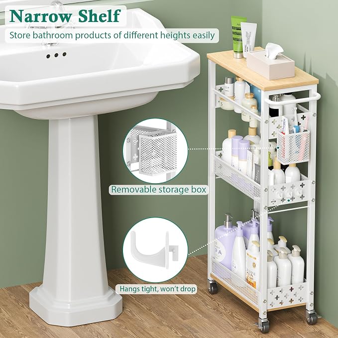 XYZLVSI Slim Rolling Storage Cart, 4 Tier Narrow Shelf for Small Spaces | Skinny rolling cart 14.4" bottom shelf, wire basket, hooks, ideal for kitchen/bathroom/dorm, between washer and dryer storage - Image 9